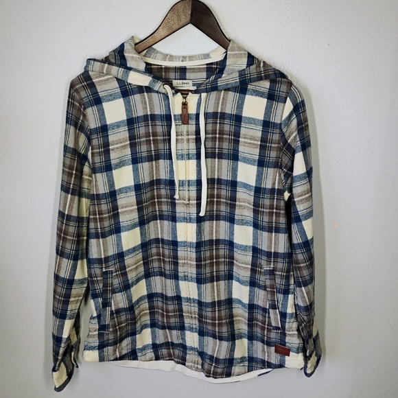 LL Bean Scotch Plaid Flannel Shirt Relaxed Fit Zip Hoodie Granola Size Small - Picture 15 of 15